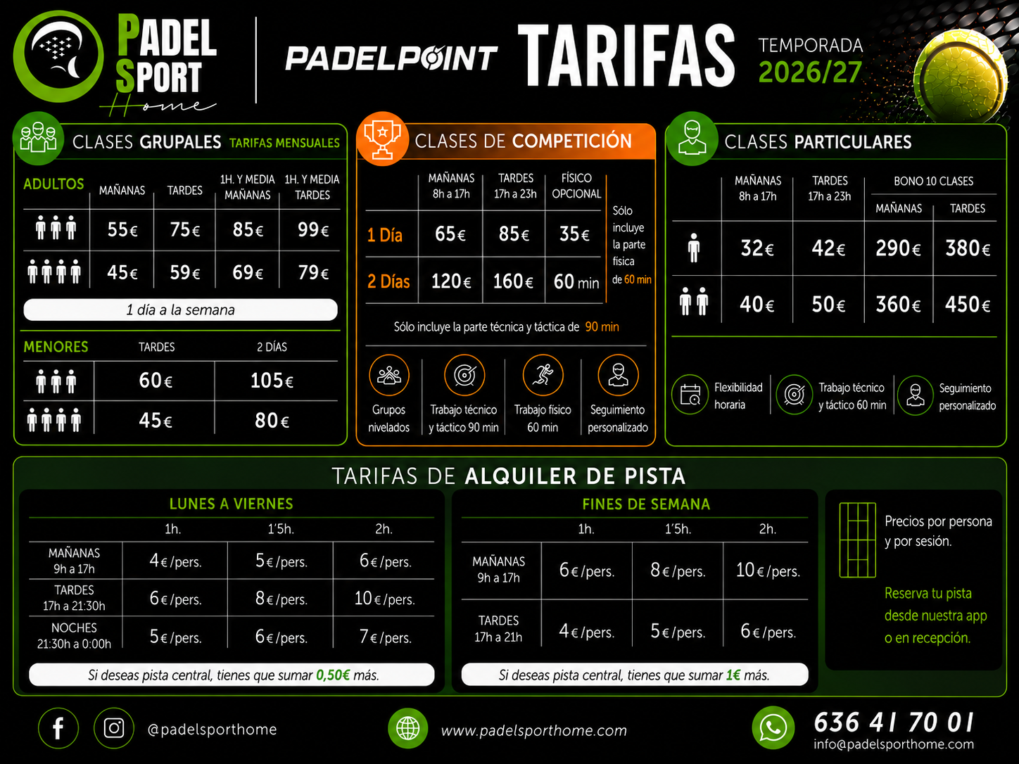 Tarifas de la escuela Padel Sport Home para la temporada 2026-2027
